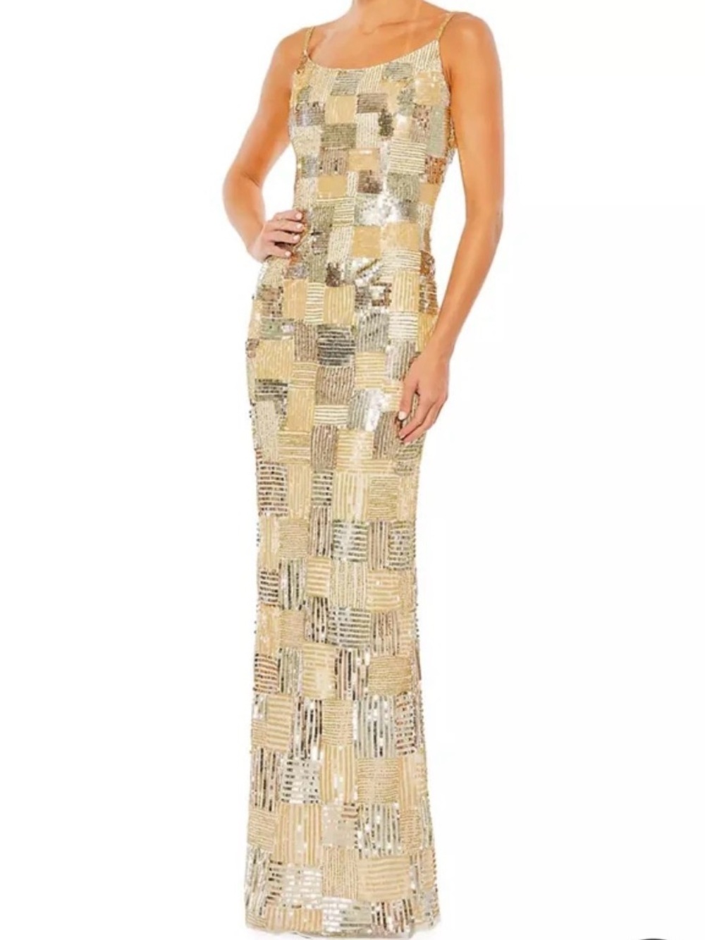Mac Duggal Gold Sequin Patchwork Maxi Gown